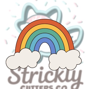 May include: A colorful rainbow cookie cutter with a retro design. The rainbow features bands of red, orange, yellow, green, and blue, with white cloud accents. The text "Strickly Cutters Co." is visible at the bottom.