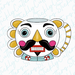 May include: A white ceramic mug shaped like a nutcracker with a gold and white striped tail. The mug has a red mouth, black mustache, and pink cheeks. The mug has a blue and white candy cane design on the front.