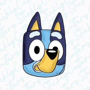 May include: A cartoon illustration of a blue and yellow dog with big eyes and a black nose. The dog is looking to the right and has a happy expression.