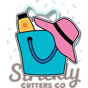 May include: A blue bucket with a black handle, containing a tube of sunscreen and a pink sun hat with a black band. The sunscreen tube is yellow with a sun graphic. The image is a cookie cutter.