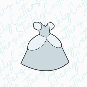 May include: A light blue princess dress cookie cutter with a rounded neckline and puffed sleeves. The dress has a large, flowing skirt with a rounded hem.