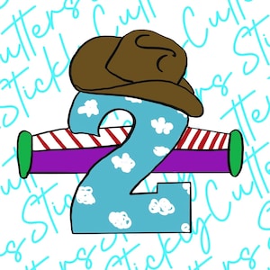 May include: A blue number two cookie cutter with white clouds and a brown cowboy hat on top. The number two is lying on a purple and white striped cookie cutter.