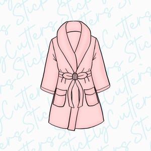 May include: A pink bathrobe with a black tie belt and two pockets. The robe has a shawl collar and long sleeves.