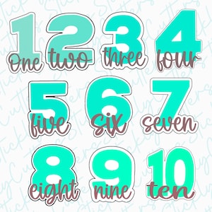 May include: Ten turquoise blue cookie cutters shaped like numbers 1 through 10 with white outlines. Each number has a matching word written below it in brown.