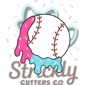 May include: A white baseball with red stitching and a black outline. Pink and blue icing with sprinkles drips down the side of the ball. The word "Strictly" and "Cutters Co." are in the background.