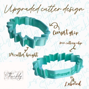 May include: Two light teal cookie cutters with a unique design are displayed. The text on the image reads "Upgraded cutter design", "Comfort grip", "3/4 cutter height", and "8mm cutting edge". The bottom cutter is labeled "beetleguy24".