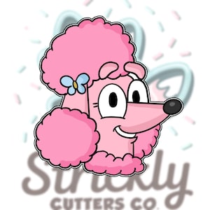 May include: A pink poodle cartoon design with a blue bow, black eyes, and a black nose. The image is a cookie cutter design with the text "Strictly Cutters Co." at the bottom.