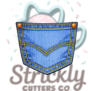May include: A blue denim pocket design with yellow stitching and gold rivets. The pocket has a classic shape and is a graphic illustration. The text "Strickly Cutters Co." is at the bottom.