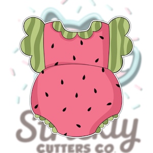 May include: A pink and green watermelon-themed onesie cookie cutter. The onesie has a pink body with black seed details and green watermelon rind accents on the sleeves and neckline. The text "Sway Cutters Co." is visible at the bottom.