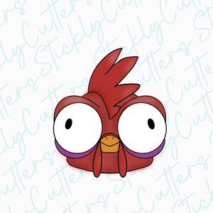 May include: A cartoon illustration of a red rooster with large, white eyes and a purple eyelid. The rooster has a yellow beak and a red comb.