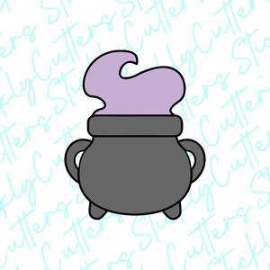 May include: A cartoon-style image of a cauldron with a purple vapor rising from it. The cauldron is dark gray with two handles and three small feet. The vapor is a light purple color, and the background is white with a light blue script.