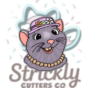 May include: A cartoon illustration of a smiling rat wearing a lavender hat adorned with flowers and a pearl necklace. The rat is a light purple color with pink ears and nose. The text "Struckly Cutters Co." is at the bottom.