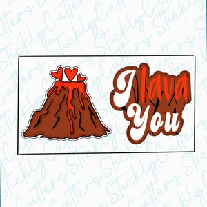 May include: A red and white cookie cutter set with the words "I lava you" and a volcano with hearts on top.