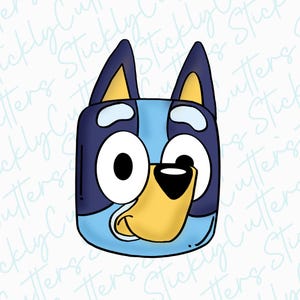 May include: A cartoon illustration of a blue and yellow dog with big eyes and a black nose. The dog is looking to the right and has a happy expression.