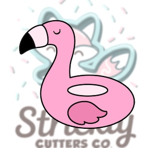 May include: A pink flamingo cookie cutter with a black beak and a wing detail. The flamingo has a curved neck and a closed eye. The words "Stray Cutters Co." are at the bottom of the image.