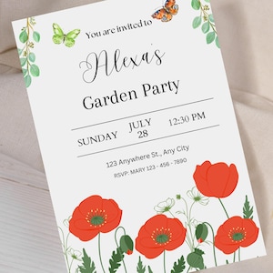 Wildflower Birthday Invitation Garden Party Invite Girl 18th Birthday Pink Purple Wild Flower Floral Spring Flowers Butterfly