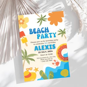 Editable Beach Party Invitation,  beach Birthday Party, Pastel Invite, Summer Birthday Party, Swimming Party, Digital, Printable,