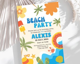 Editable Beach Party Invitation,  beach Birthday Party, Pastel Invite, Summer Birthday Party, Swimming Party, Digital, Printable,