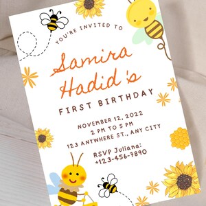 1st Bee Day Invitation Editable, Floral Girl First Birthday Invite, Bumble Bee Party Canva