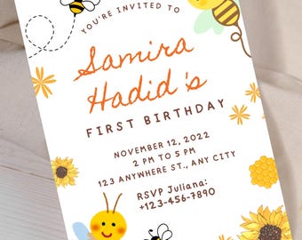 1st Bee Day Invitation Editable, Floral Girl First Birthday Invite, Bumble Bee Party Canva