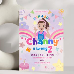 May include: A pink and purple birthday invitation with a rainbow and stars. The invitation says "You are invited! Peek-a-Boo Channy is turning 2. May 19 | 4 PM 123 Anywhere St., Any City RSVP Lily at (123) 456-7890"