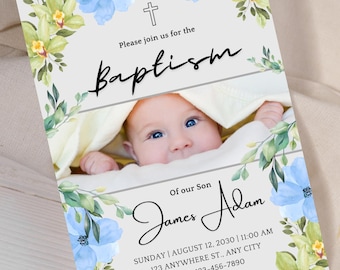 Floral Baptism Invitation Boy, Boy Flower Invitation Template, Christening Invitation Dusty Blue Template, Download