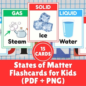 Può includere: Flashcard educative che illustrano gli stati della materia: solido, liquido e gassoso. Le carte presentano immagini di ghiaccio, vapore, acqua, latte e una sedia. Il set include 15 carte, progettate per i bambini.