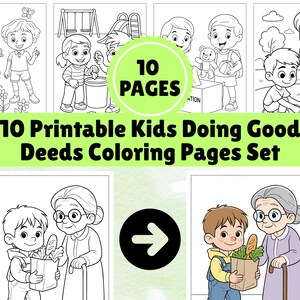 Puede incluir: Un conjunto de 10 páginas para colorear imprimibles con niños realizando buenas acciones. Las ilustraciones son en blanco y negro, con una pancarta verde que dice "10 Printable Kids Doing Good Deeds Coloring Pages Set".
