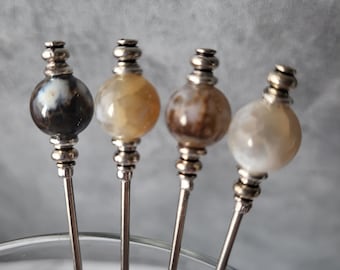 Martini Picks, Cocktail Picks, Charcuterie Skewers, Home Bartender, Mixology, Modern Barcart, Fire Crackle Agate, Food Grade Stainless Steel