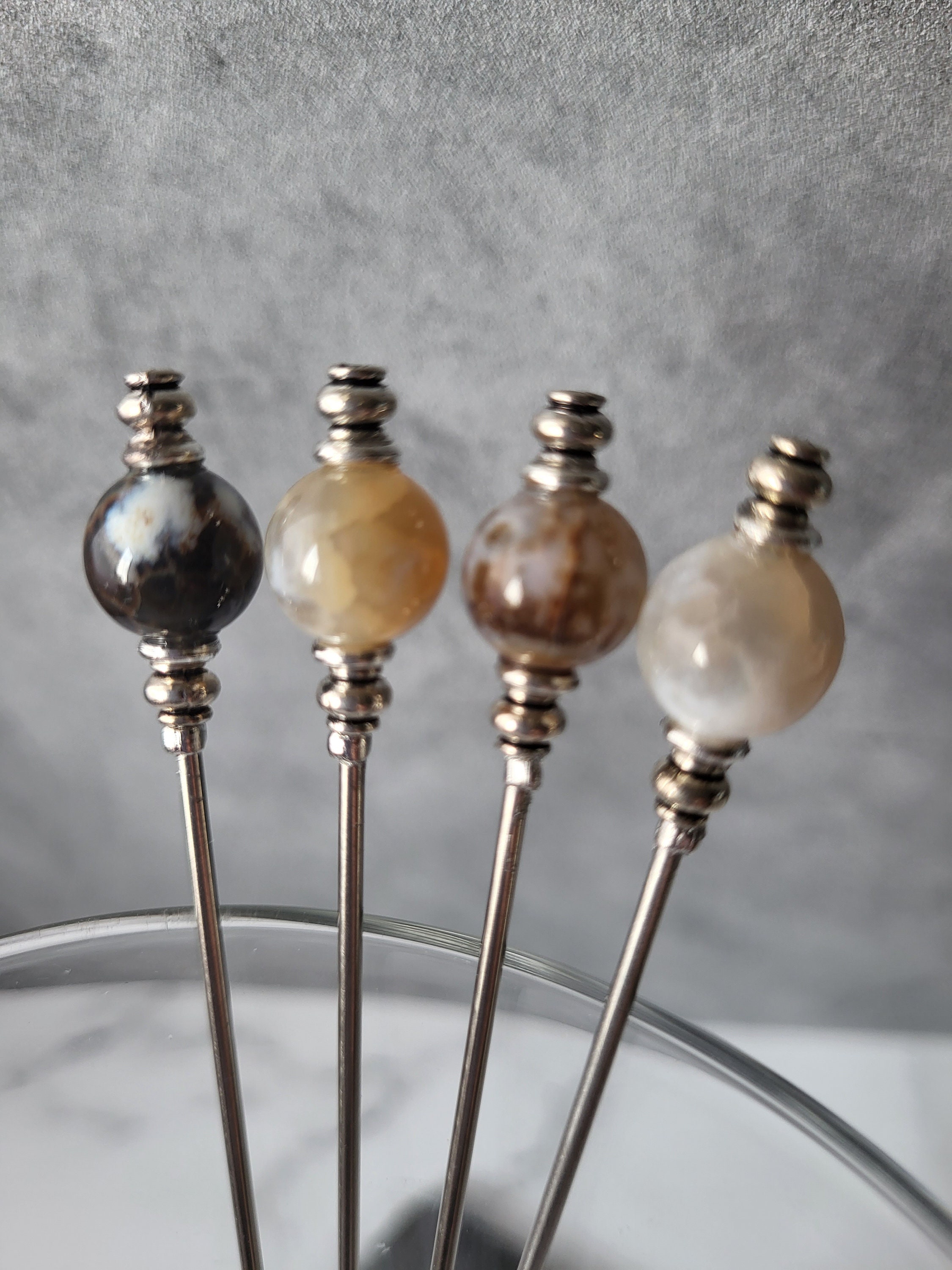 Martini Picks, Cocktail Picks, Charcuterie Skewers, Home Bartender, Mixology, Modern Barcart, Fire Crackle Agate, Food Grade Stainless Steel