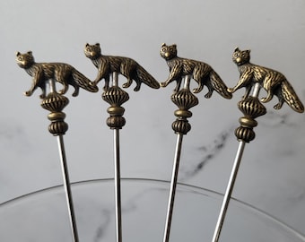 Antique Brass Fox, Coyote, Wolf Martini Picks, Cocktail Picks, Appetizer Skewer, Home Bar, Mixology, Food Grade Stainless Steel