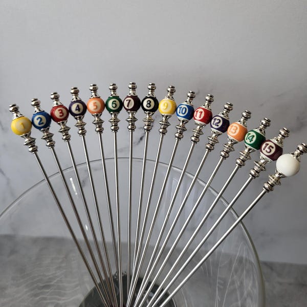 Rack 'Em Up, Billiards 16pc set Martini Picks, Cocktail Picks, Appetizer Skewers, Mixology, Home Bar, Pool Balls, Food Grade Stainless Steel