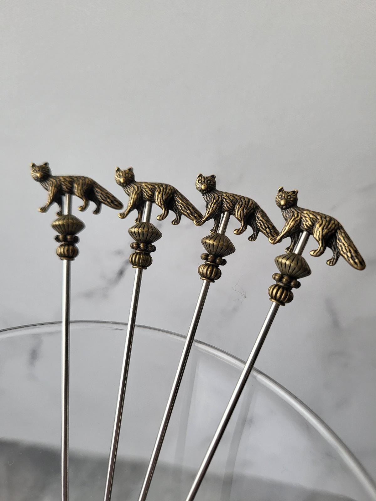Antique Brass Fox, Coyote, Wolf Martini Picks, Cocktail Picks, Appetizer Skewer, Home Bar, Mixology, Food Grade Stainless Steel