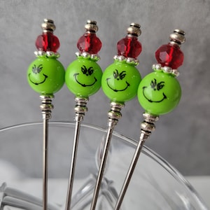Christmas Grinch Martini Picks, 4pc Cocktail Pick set, Appetizer Dessert Skewers, Home Bartender, Mixology, Food Grade Stainless Steel