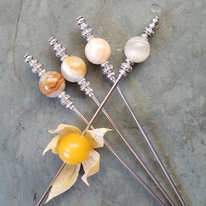 Natural Jade Martini Picks, Cocktail Picks, Appetizer or Dessert Skewers, Mixologist Garnish Pins, Food Grade Stainless Steel