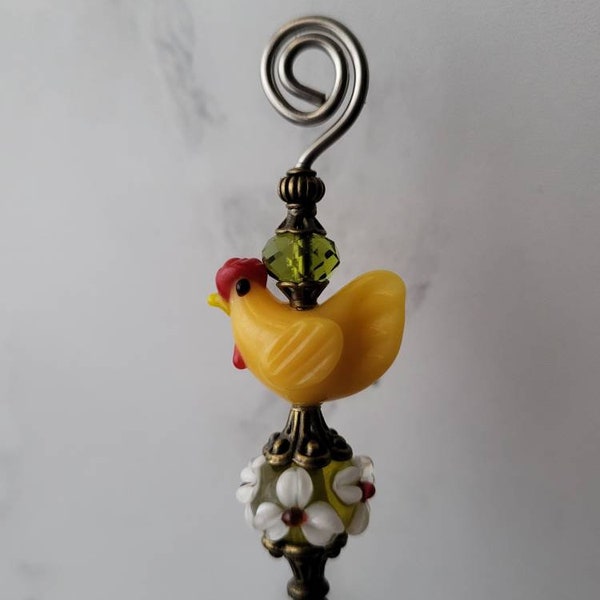 Cake Tester with Felted Magnetic Hook, Cookie Scribe, Olive Spear, Yellow Lampwork Hen, Chicken, Artisan Bead, Food Grade Stainless Steel