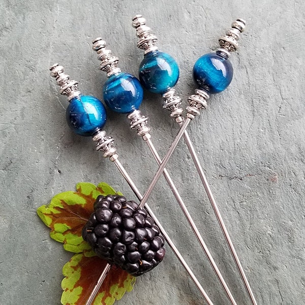 Natural Blue Tigers Eye Martini Picks, Cocktail Picks, Appetizer or Dessert Skewers, Mixologist Garnish Pins, Food Grade Stainless Steel