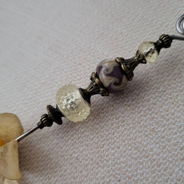 Cake Tester with Felted Magnetic Hook, Cookie Scribe, Olive Spear, Purple, Beige Swirl Artisan Lampwork Bead, Food Grade Stainless Steel
