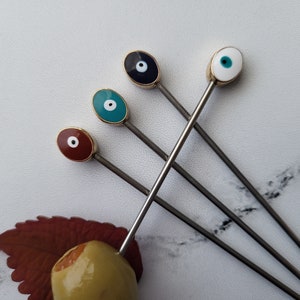 Evil Eye Martini Picks, Petite Cocktail Picks, Appetizer Skewers, Home Bartender, Mixology, 4pc set, Food Grade Stainless Steel