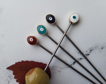 Evil Eye Martini Picks, Petite Cocktail Picks, Appetizer Skewers, Home Bartender, Mixology, 4pc set, Food Grade Stainless Steel