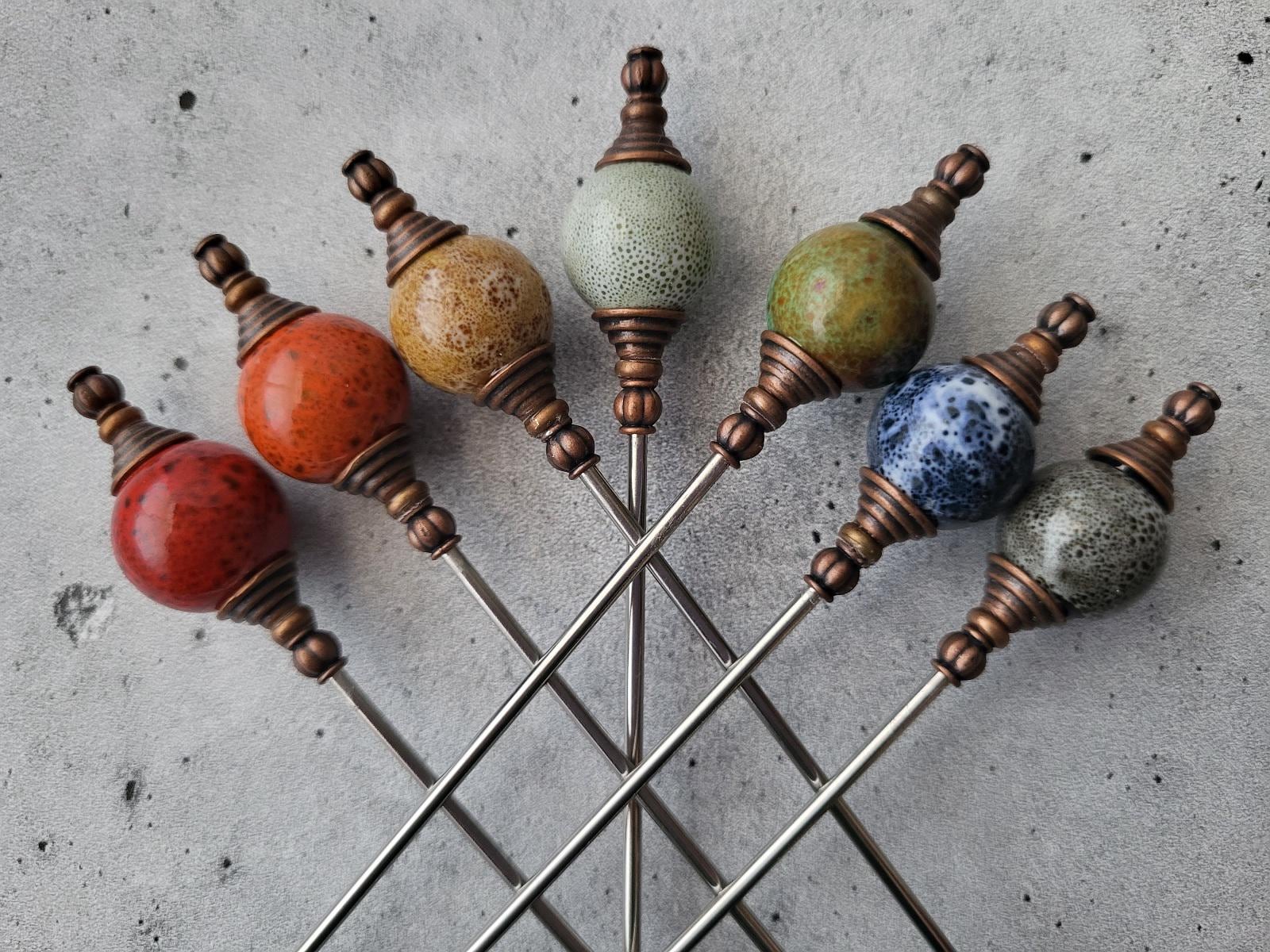 Swizzle Stick, Drink Stirrer, Metal Stir Stick, Santa Fe, Ceramic Copper, Ball End, Food Grade Stainless Steel - Olive Green