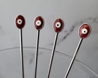 Red Evil Eye Martini Picks, Petite Cocktail Picks, Appetizer Skewers, Home Bartender, Mixology, 4pc set, Food Grade Stainless Steel