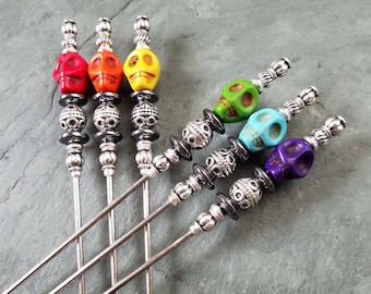Multi Color Skulls, Sturdy Bloody Mary Spikes, Drink Garnish Picks, Appetizer or Dessert Skewers, Food Grade Stainless Steel