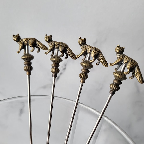 Antique Brass Fox, Coyote, Wolf Martini Picks, Cocktail Picks, Appetizer Skewer, Home Bar, Mixology, Food Grade Stainless Steel