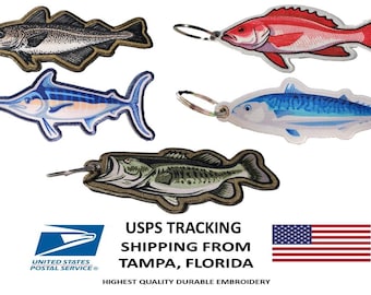 釣り刺繍キーホルダー、釣り人へのギフト、レッドスナッパー、バス、カジキ