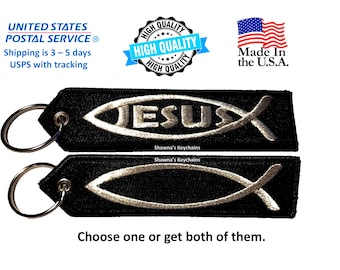 イクシス イエスの魚の刺繍キーホルダー：両面クリスチャンキーリング