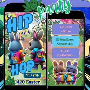 Funny 420 Easter Party Invitation, Hip Hop Bunnies (Digital Download)