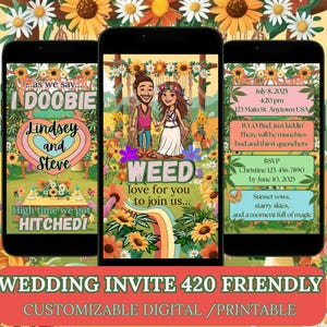 420 INVITACIÓN DE BODA AMISTOSA Weed Love para que te unas a nosotros Invitación digital con temática hippie boho Ceremonia de matrimonio en el patio trasero amigable con el cannabis