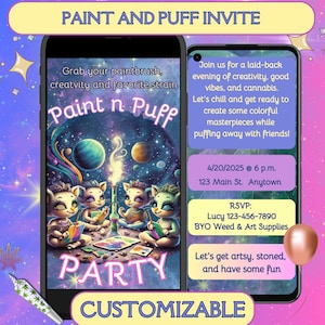 Puede incluir: Una invitaci&oacute;n digital para una fiesta Paint and Puff. La invitaci&oacute;n presenta una ilustraci&oacute;n colorida de tres gatos de dibujos animados pintando con un bong en el centro. El texto dice "Paint n Puff Party" e incluye detalles sobre el evento, incluida la fecha, la hora, la ubicaci&oacute;n y la informaci&oacute;n de RSVP.