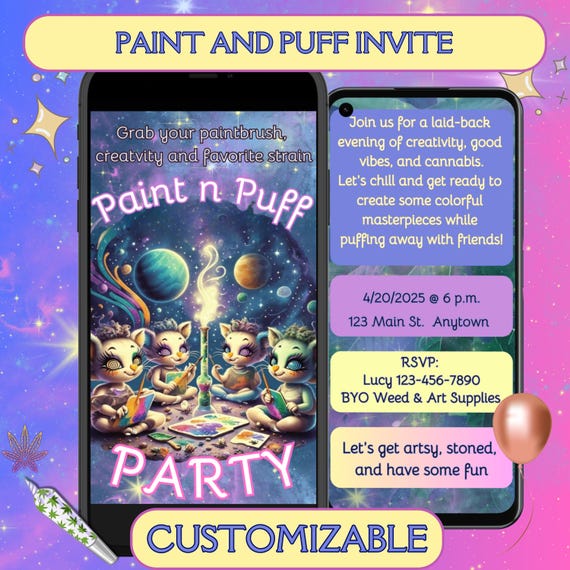 Paint and Puff Party Invite Editable Weed Party Digital Download Invitation Girls Night Cannabis Bash Template Bachelorette Art Activities